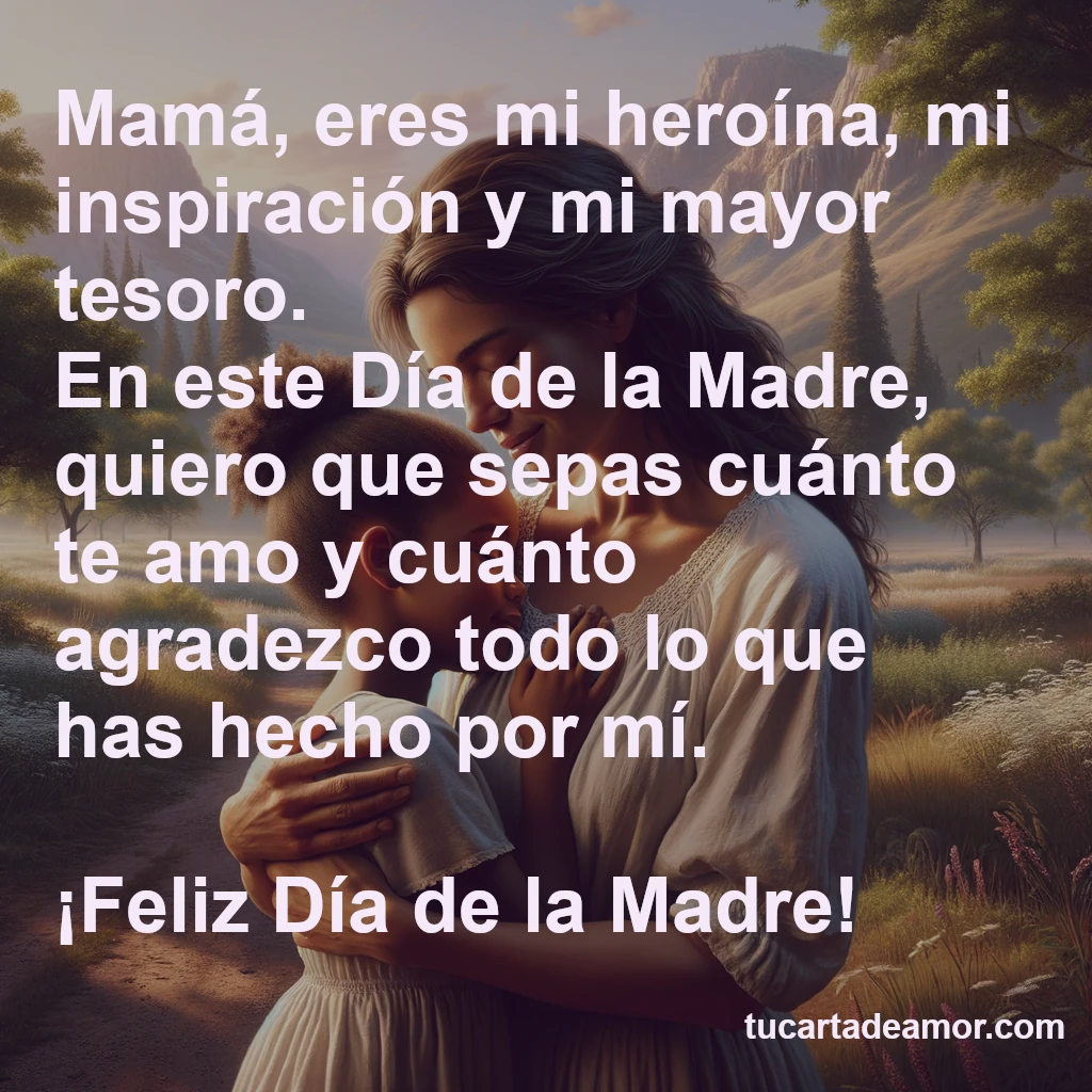 Mamá, eres mi heroína, mi inspiración y mi mayor tesoro. En este Día de la Madre, quiero que sepas cuánto te amo y cuánto agradezco todo lo que has hecho por mí. ¡Feliz Día de la Madre!